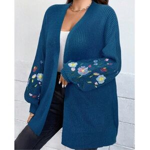 Plus Floral Embroidered Open Front Knit Cardigan 1X 2X 3X 4X